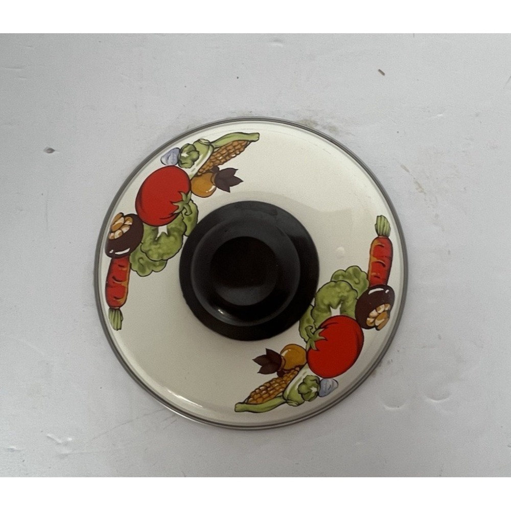 Vintage 70s Enamel Cookware Lid Vegetables‎ Tomatoes Corn Mushrooms Carrots
